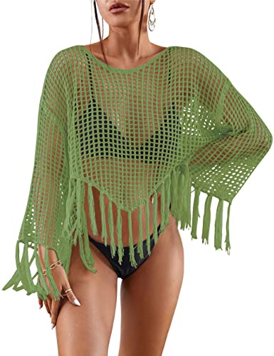 Bsubseach Gehäkelte Badeanzug für Frauen Sommer Mesh Strand Top Langarm Fransen Coverup Grün von Bsubseach