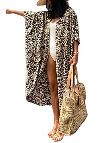 Bsubseach Gelb Leopard Lange Strandponcho für Damen Bademode Open Front Strand Kimono Cardigan von Bsubseach