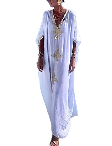 Bsubseach Gold Stickerei Lange Kaftan Kleider V-Ausschnitt Caftan Kleid Beach Cover Ups für Damen Weiß von Bsubseach