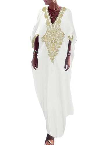Bsubseach Gold Stickerei Lange Kaftan Kleider V-Ausschnitt Kaftan Kleid Strand Cover Ups für Frauen Weiß von Bsubseach