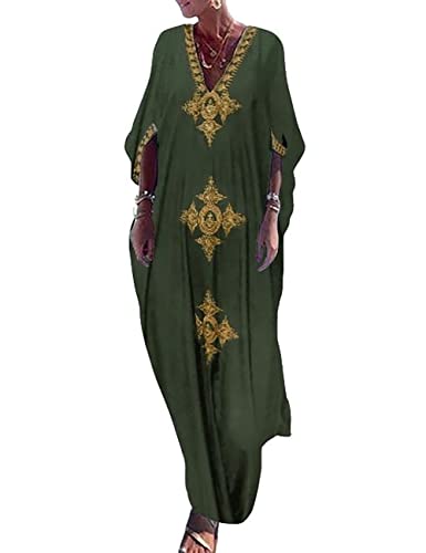 Bsubseach Gold Stickerei Lange Kaftan Kleider V Hals Kaftan Kleid Strand Cover Ups für Frauen Armee Grün von Bsubseach