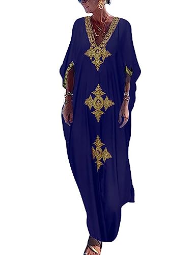 Bsubseach Gold Stickerei Lange Kaftan Kleider V Hals Kaftan Kleid Strand Cover Ups für Frauen Dunkelblau von Bsubseach