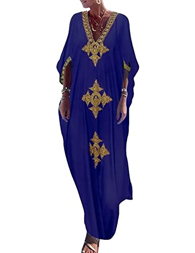 Bsubseach Gold Stickerei Lange Kaftan Kleider V Hals Kaftan Kleid Strand Cover Ups für Frauen Marineblau von Bsubseach