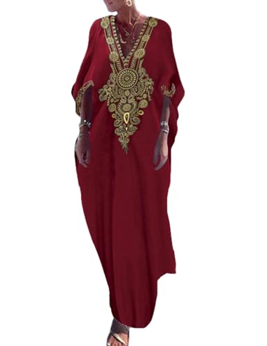 Bsubseach Gold Stickerei Lange Kaftan Kleider V Hals Kaftan Kleid Strand Cover Ups für Frauen Maroon von Bsubseach