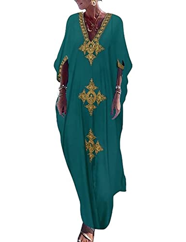 Bsubseach Gold Stickerei Lange Kaftan Kleider V Hals Kaftan Kleid Strand Cover Ups für Frauen Pfau Grün von Bsubseach