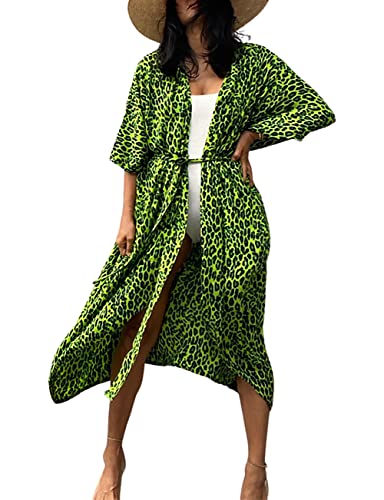 Bsubseach Green Leopard Long Strandponcho für Damen Bademode Open Front Beach Kimono Strickjacke von Bsubseach