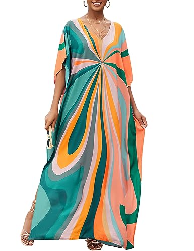 Bsubseach Grün Kaftan Kleider für Frauen Streifen Druck Cover Ups Badeanzug Cover Up Batwing Ärmel Kaftans für Frauen Plus Size Kaftan von Bsubseach