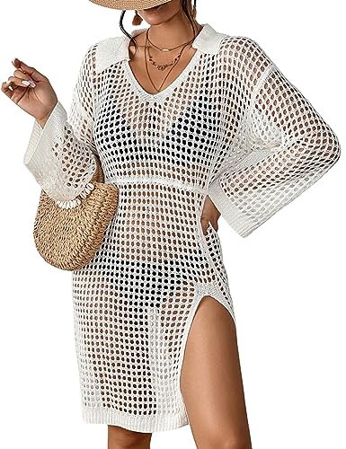 Bsubseach Häkeldeckchen Coverups für Frauen Bademode Strickkleid Langarm Bikini Cover Up Ausgehöhlte Strand Outfits Weiß von Bsubseach