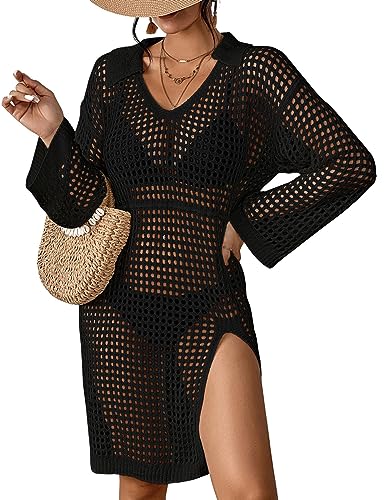 Bsubseach Häkeldeckchen für Frauen Bademode Strickkleid Langarm Bikini Cover Up Ausgehöhlte Strand Outfits Schwarz von Bsubseach