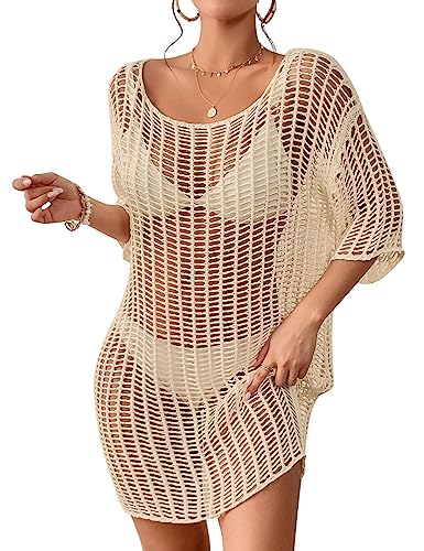 Bsubseach Häkeln Abdeckungen Ups für Bademode Frauen hohl aus Mesh Badeanzug Coverup Strand Bikini Tunika Top Aprikose von Bsubseach