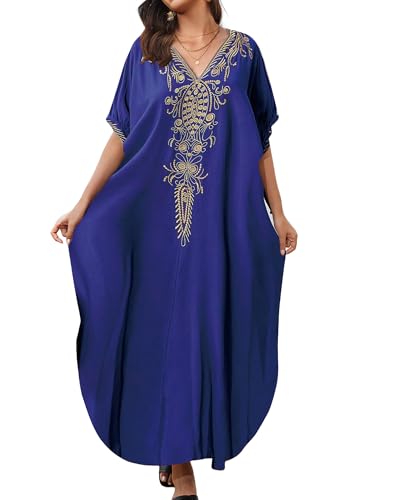 Bsubseach Kaftan Cover Ups für Bademode Frauen Stickerei Strand Kaftane Kurzarm Badeanzug Cover Up Marineblau von Bsubseach