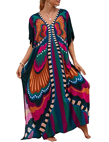 Bsubseach Lose Kaftan Kleider für Frauen Kurzarm Badeanzug Cover Up Casual Urlaub Outfits Bunt Drucken von Bsubseach