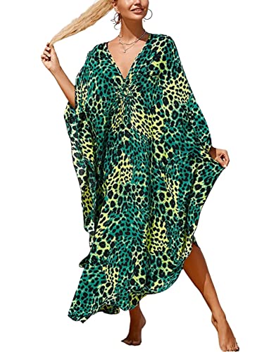 Bsubseach Kaftan Kleider für Frauen Badeanzug Cover Up Plus Größe Kaftan Strand Coverup Grün Leopard von Bsubseach