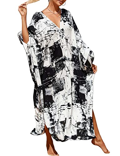 Bsubseach Damen V-Ausschnitt Kaftan Strandkleid Boho Floral Lange Plus Größe Pareos Lose Tunika Maxikleid Ink Style von Bsubseach