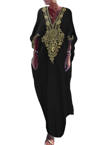 Bsubseach Gold Stickerei Lange Kaftan Kleider V-Ausschnitt Kaftan Kleid Strand Cover Ups für Frauen Schwarz von Bsubseach