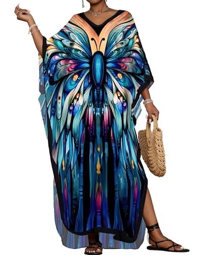 Bsubseach Kaftan Kleider für Frauen Floral Print Kaftane Badeanzug Cover Ups Plus Size Long Strand Kleid Blau von Bsubseach