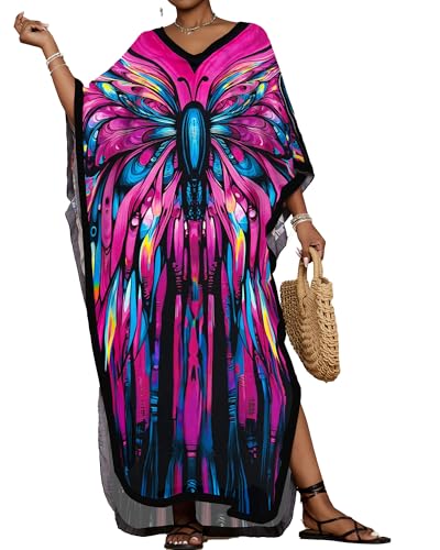 Bsubseach Kaftan Kleider für Frauen Floral Print Kaftane Badeanzug Cover Ups Plus Size Long Strand Kleid Rosenrot von Bsubseach