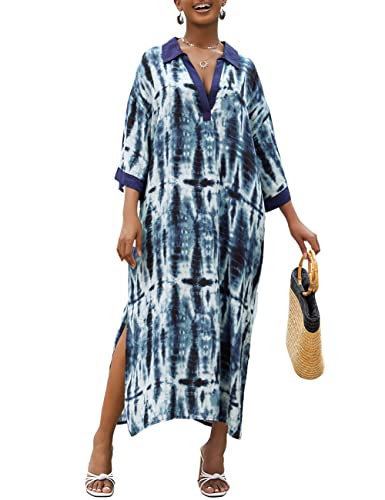 Bsubseach Kaftan Kleider für Frauen Langer Strand Badeanzug Cover Up V-Ausschnitt Kaftan Loungewear Blau Tie Dye von Bsubseach