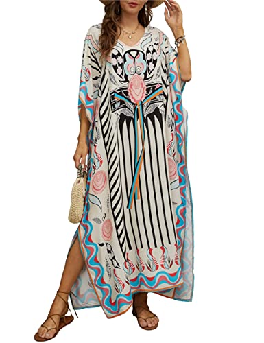 Bsubseach Kaftan Kleider für Frauen Plus Badeanzug Cover Up Kaftan Loungewear Kleid Resort Wear Beige Print von Bsubseach