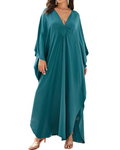 Bsubseach Kaftan Kleider für Frauen Plus Größe Kaftan Kleid Solid Farbe Strand Badeanzug Cover Up Loungewear Pfau Grün von Bsubseach