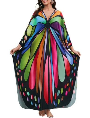 Bsubseach Kaftan Kleider für Frauen Plus Größe Kaftan Lange Badeanzug Cover Up Maxi Strandkleid Bunter Schmetterling von Bsubseach