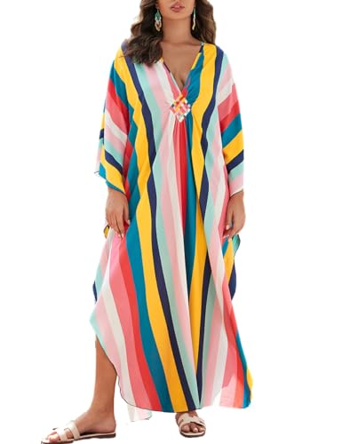 Bsubseach Kaftan Kleider für Frauen Plus Größe Kaftane Lange Strand Badeanzug Cover Up Sommer Loungewear Bunte Streifen von Bsubseach