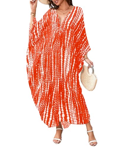 Bsubseach Kaftan Kleider für Frauen Plus Größe Strand Cover Up Kaftan Loungewear Urlaub Orange Tie Dye von Bsubseach