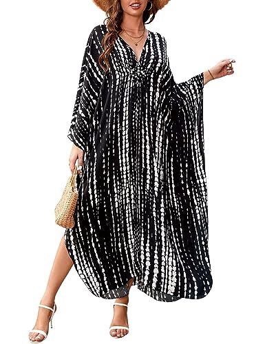 Bsubseach Kaftan Kleider für Frauen Plus Größe Strand Cover Up Kaftan Loungewear Urlaub Schwarz Tie Dye von Bsubseach