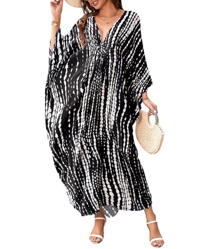 Bsubseach Kaftan Kleider für Frauen Plus Größe Strand Cover Up Kaftan Loungewear Urlaub Schwarz Tie Dye von Bsubseach