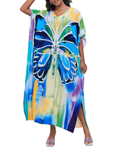 Bsubseach Kaftan Kleider für Frauen Langer Badeanzug Coverup Kurze Ärmel Plus Size Kaftan Kleid Resort Wear Blau Schmetterling Print von Bsubseach