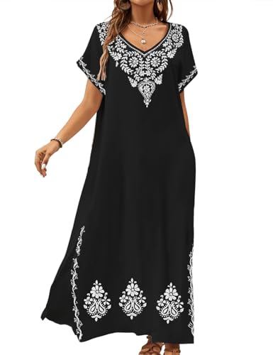 Bsubseach Kaftan Plus Größe Kleider für Kurvige Frauen Bestickt Badeanzug Cover Up V-Ausschnitt Badeanzug Coverup Schwarz von Bsubseach