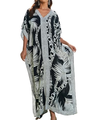 Bsubseach Kaftane für Frauen Plus Größe Kaftan Kleid Lange Badeanzug Coverup Kurze Ärmel Casual Maxi Kleid Schwarz Weiß von Bsubseach