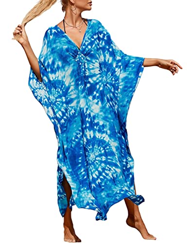 Bsubseach Damen V-Ausschnitt Kaftan Strandkleid Boho Floral Lange Plus Größe Pareos Lose Tunika Maxikleid Blau Print von Bsubseach