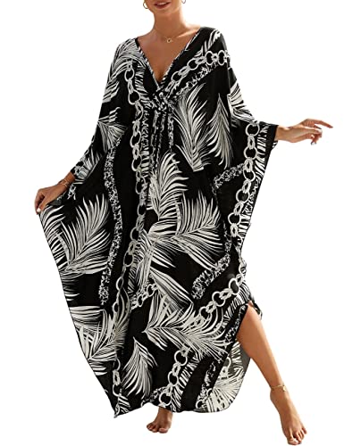 Bsubseach Damen V-Ausschnitt Kaftan Strandkleid Boho Floral Lange Plus Größe Pareos Lose Tunika Maxikleid Schwarz Blätter Bsubseach Damen V-Ausschnitt Kaftan Strandkleid Boho Floral Lange Plus Größe Pareos Lose Tunika Maxikleid Schwarz Blätter von Bsubseach