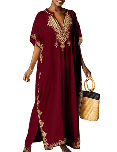 Bsubseach Kaftankleider für Frauen Badeanzug Coverup Plus Size Strand Kaftan Cover Ups für Bademode Stickerei Rot von Bsubseach