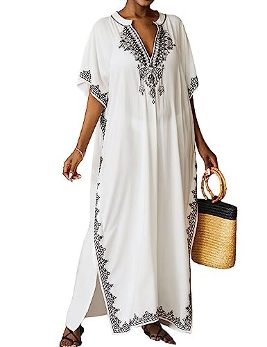 Bsubseach Kaftankleider für Frauen Badeanzug Coverup Plus Size Strand Kaftan Cover Ups für Bademode Stickerei Weiß von Bsubseach