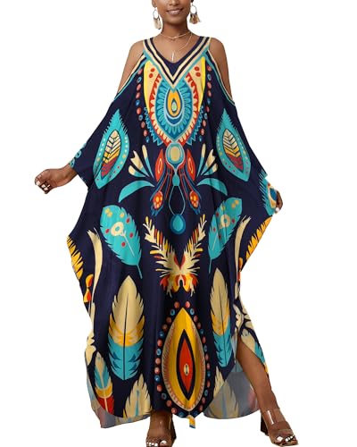 Bsubseach Kaftankleider für Frauen Kalte Schulter Badeanzug Cover Up Lang Plus Größe Strand Kaftan Kleid Blaue Feder von Bsubseach