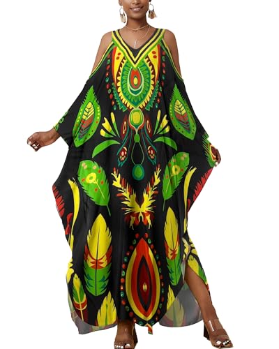 Bsubseach Kaftankleider für Frauen Kalte Schulter Badeanzug Cover Up Lang Plus Größe Strand Kaftan Kleid Grüne Feder von Bsubseach