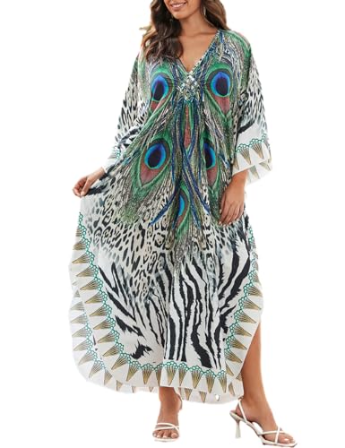 Bsubseach Kaftankleider für Frauen Plus Größe Kaftane Langer Strand Badeanzug Cover Up Sommer Loungewear Peacock von Bsubseach