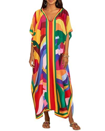 Bsubseach Kaftankleider für Frauen Pluse Größe Maxikleid Long Print Badeanzug Cove Up Rot Gelb von Bsubseach
