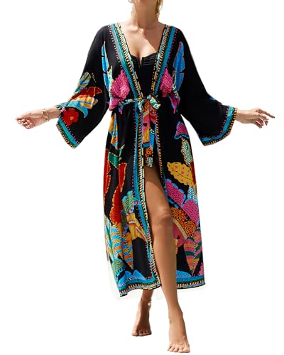 Bsubseach Kimono Cover Ups für Bademode Frauen Boho Badeanzug Coverup Strand Duster Lang Sommer Strickjacke Schwarz von Bsubseach