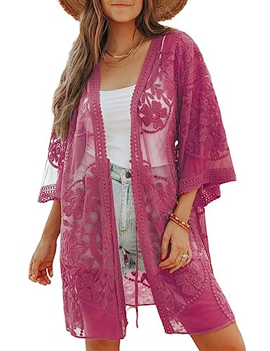 Bsubseach Kimonos für Frauen Badeanzug Cover Up Sheer Sommer Strickjacken Badeanzug Coverup Dusters Beach Top Dark Rose von Bsubseach