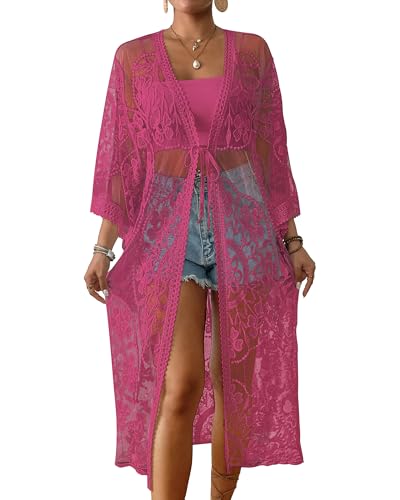 Bsubseach Kimonos für Frauen Badeanzug Cover Up Sheer Sommer Strickjacken Badeanzug Coverup Dusters Beach Top Dark Rose von Bsubseach