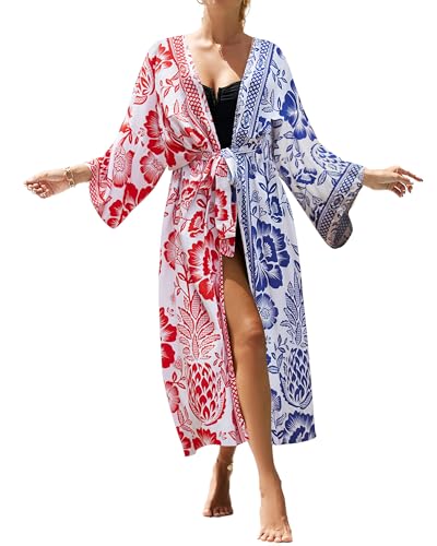 Bsubseach Kimono Cover Ups für Bademode Frauen Boho Badeanzug Coverup Strand Duster Lang Sommer Strickjacke Taille Multicolor von Bsubseach