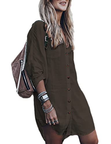 Bsubseach Langarm Badeanzug Cover Up für Frauen lose Button Down Bademode Strand Shirt Tunika Kleid Dunkelbraun von Bsubseach