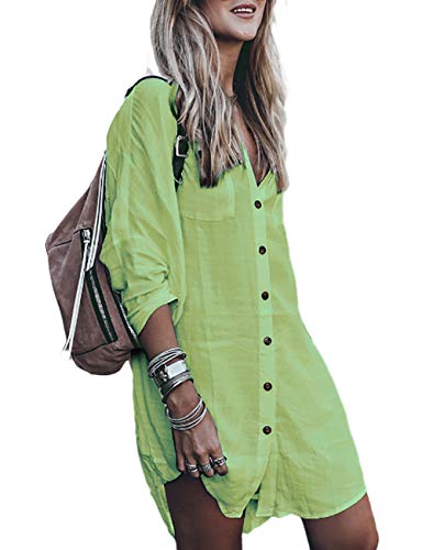 Bsubseach Einheitsgröße Langarm Strandkleid für Damen Loose Button Down Bademode Beach Shirt Tunika Kleid Gras Grün von Bsubseach