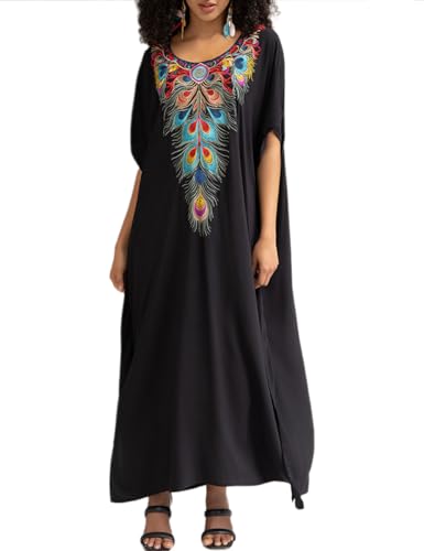 Bsubseach Lange Badeanzug Coverup für Frauen Türkisch Strand Kaftankleider Pfauenfedern Stickerei Kaftan Cover Up von Bsubseach