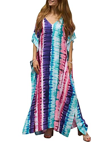 Bsubseach Lange Print Badeanzug Cover Up für Frauen Sommer Kaftan Kleider Herbst Kaftan Maxi Kleid Rosa Blau von Bsubseach