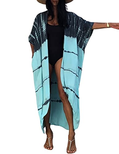 Bsubseach Lange Strandponcho für Damen Bademode Open Front Beach Kimono Strickjacke Tie Dye Blau von Bsubseach