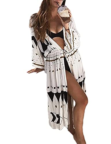 Bsubseach Lange Strandponcho für Damen Sexy Kimono Cardigan Seite Split Beach Wear Kleid mit Kordelzug Dreieck Print von Bsubseach